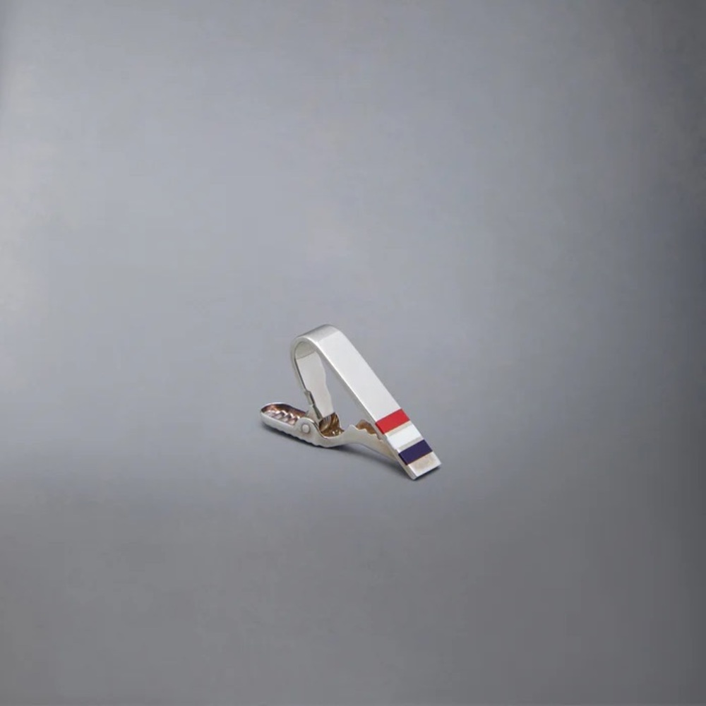 Thom Browne SILVER ENAMEL STRIPE SHORT TIE BAR